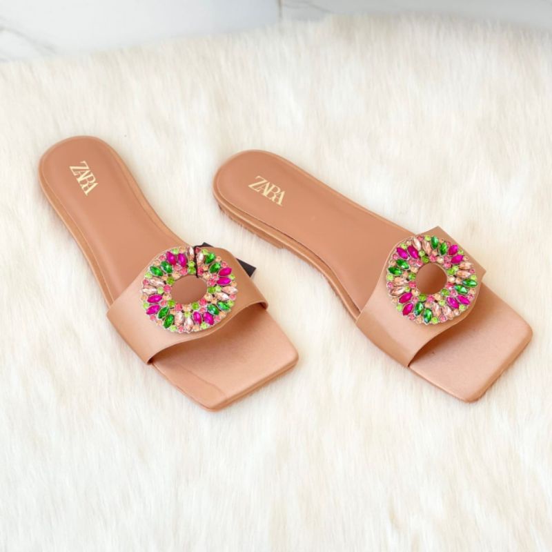 [IMPORTTMURAH] SANDAL FLAT WANITA Z4R4 MOTIF PERMATA IMPORT PREMIUM #2355