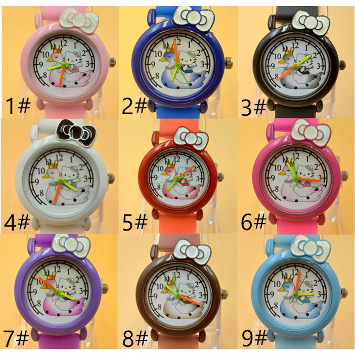JAM TANGAN MURAH CEWEK JAM TANGAN SILICONE QUARTZ ANALOG MOTIF KARTUN HELLO KITTY WARNA PERMEN A07-Random-Gambar