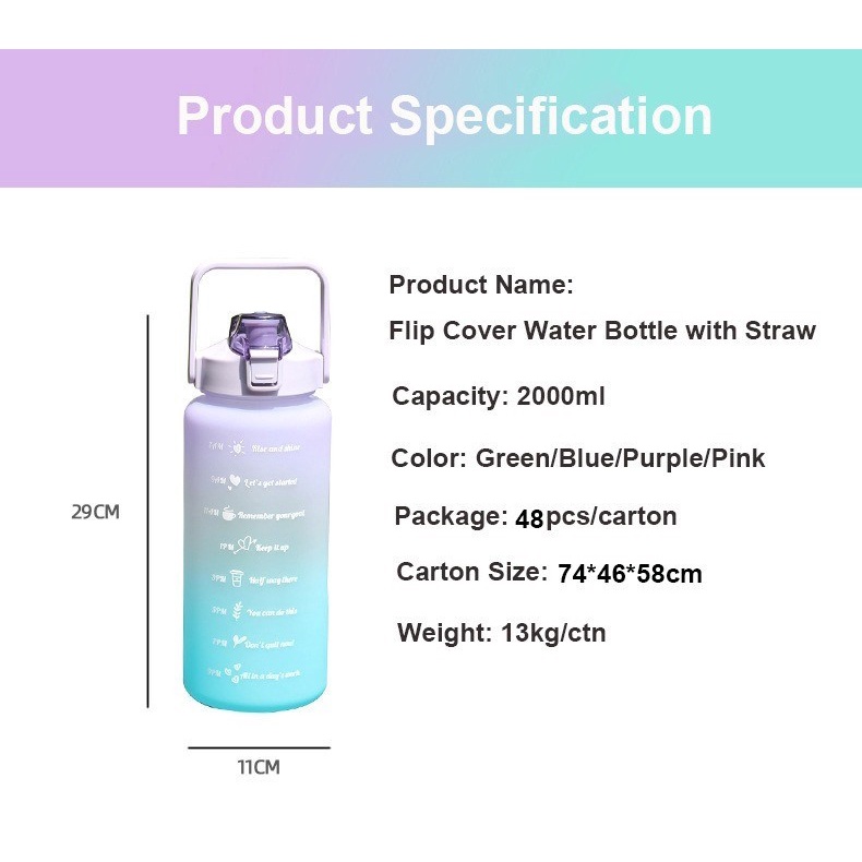 FUTAKO Botol Minum Motivasi Penanda Waktu 2 Liter Gradasi Rainbow