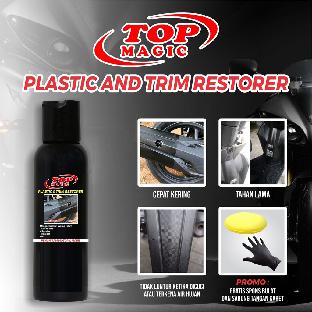 TOP PLASTIC &amp; Trim Restorer Penghitam Body Dashboard Motor Mobil Permanen Original Pengkilap Kendaraan