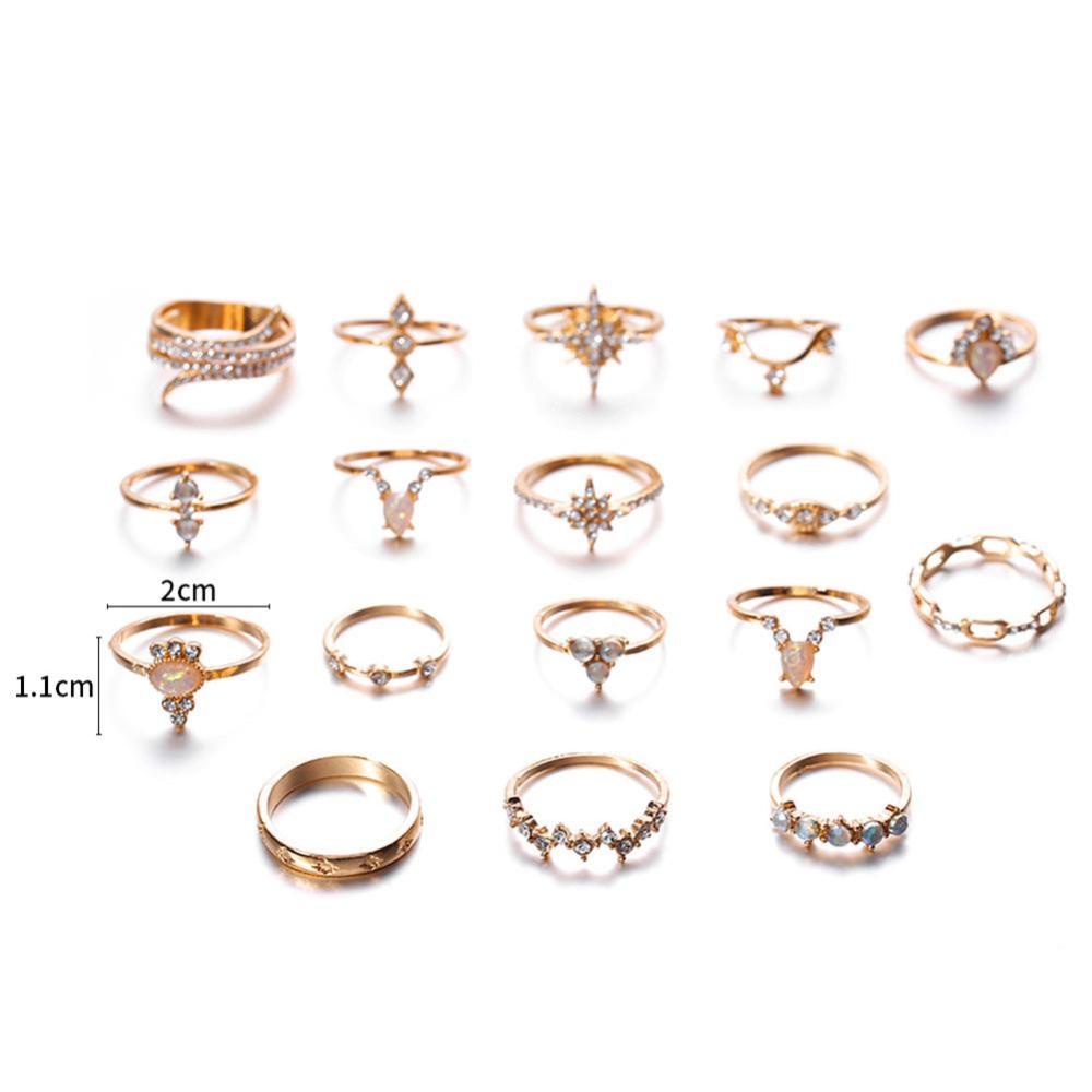 Timekey 17pcs / set Cincin Wanita Aneka Desain Warna Gold Gaya Bohemian Untuk Hadiah A2K4