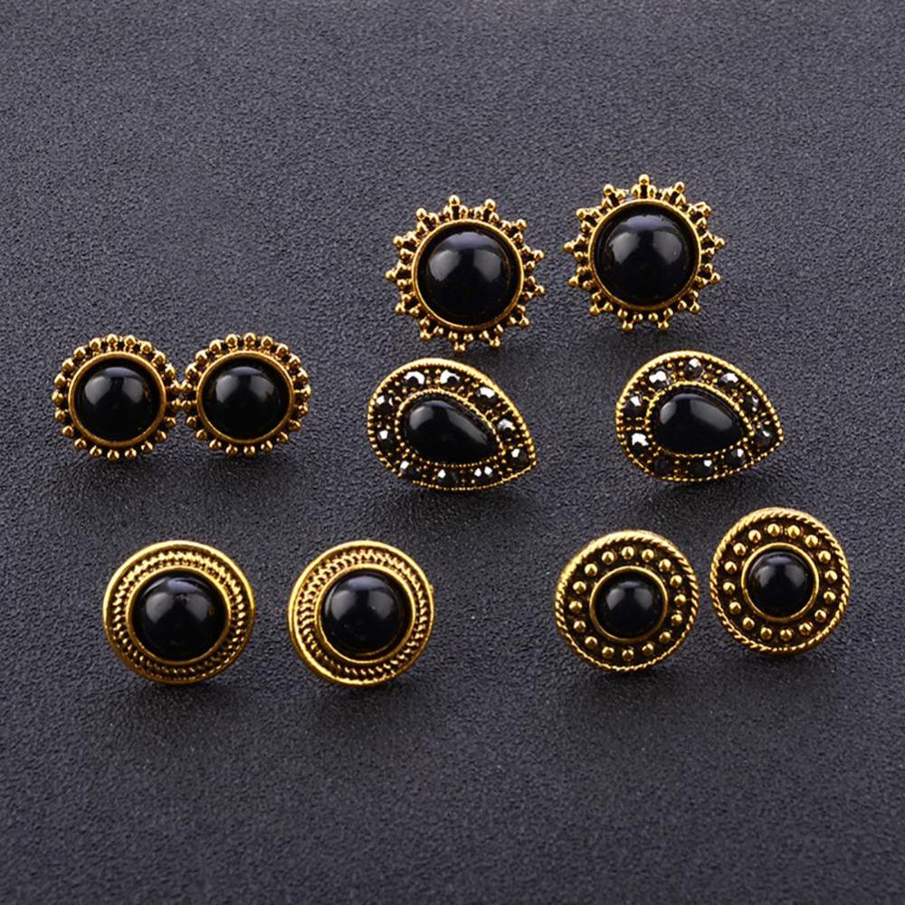 Timekey 5 Pasang / set Anting Tusuk Vintage Bentuk Bunga / Tetesan Air Hias Kristal Hitam Untuk Wanita A9K1