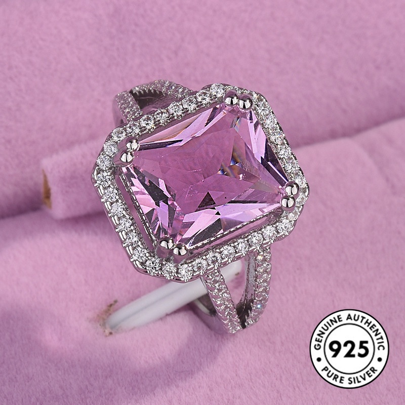 Cincin Berlian Persegi Panjang Warna Pink Bahan S925 Silver