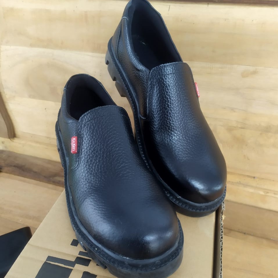 SEPATU SAFETY KULIT SAPI ASLI FANTOFEL KERJA LAS PROYEK KANTOR KITCHEN DAPUR KING KICKERS MURAH Sepatu Safety Slip On Hitam