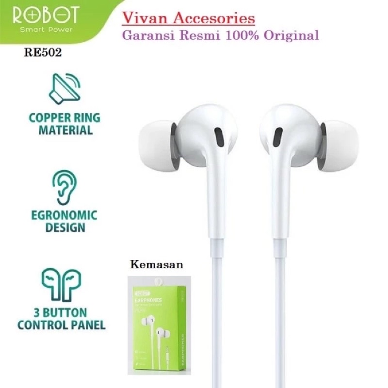 Robot RE502 3.5mm Stereo Bass Ultra Light Wires Earphone Headset