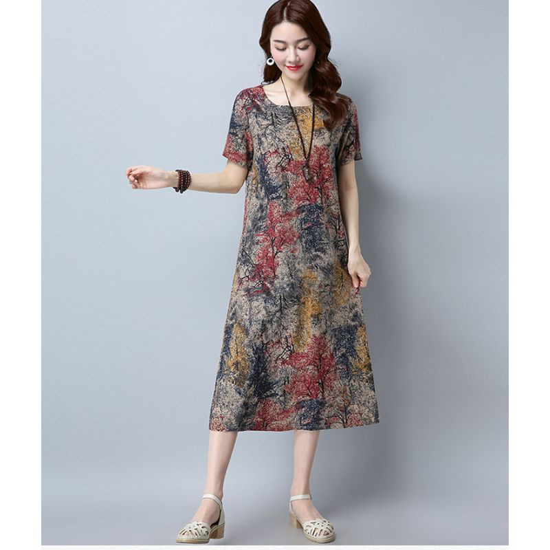 Dress wanita motif bunga rame Korea lengan pendek elegant