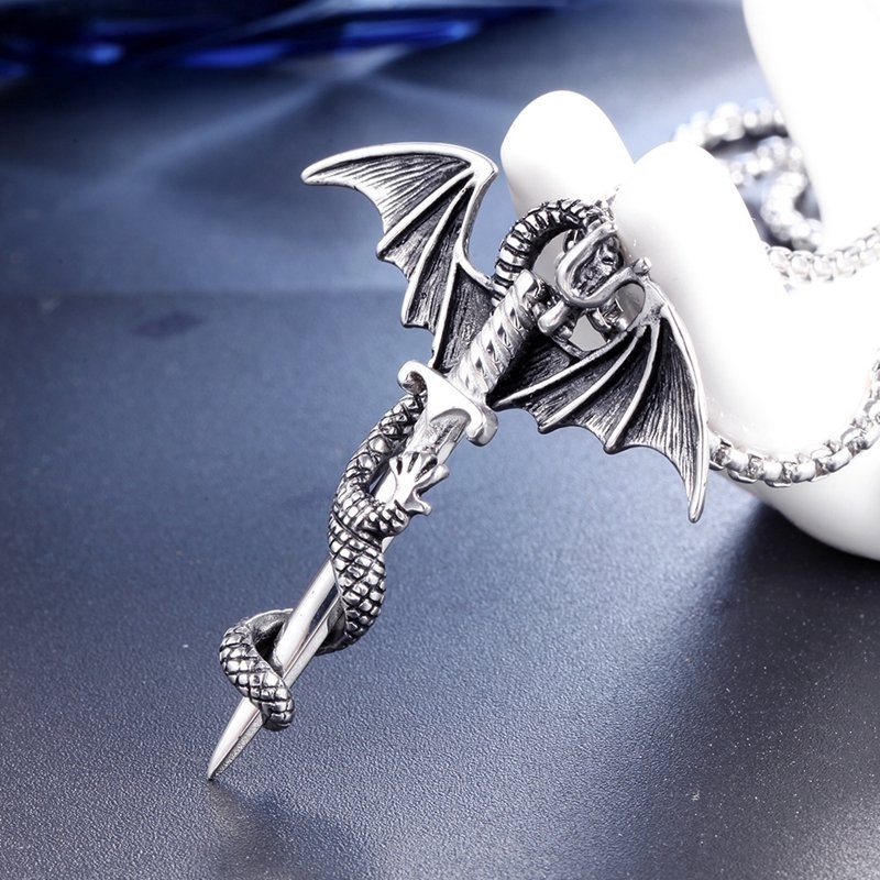 Pria Mode Vintage 316L Stainless Steel Suku Gothic Pterosaurus Pedang Naga Palang Pendant Biker Punk Kalung