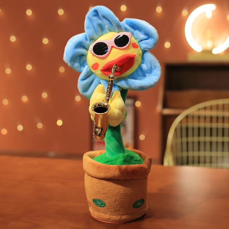 Ready✅Dancing Sunflower USB Singing Talking Repeating Recording Glowing Saxophone Soft Plush Flower Toy 120 Songs Musical Funny Gift