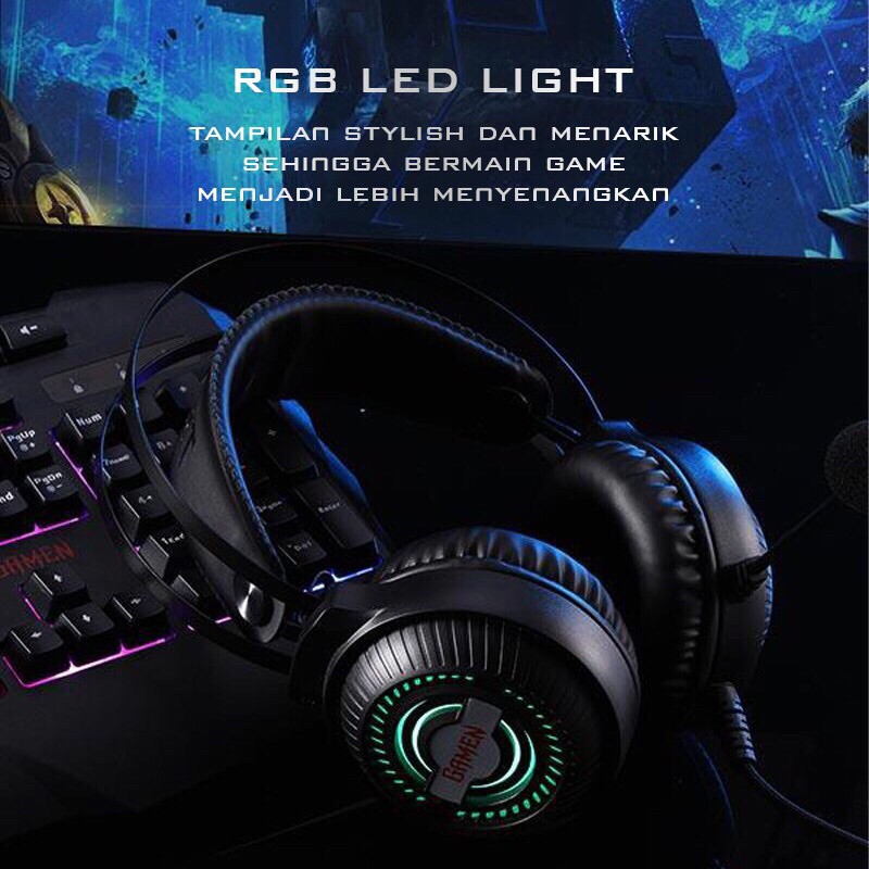 GAMEN GH2100 3.5mm Audio Jack Input RGB LED Light Braided Wire Gaming Headset Black-Garansi 1 Tahun