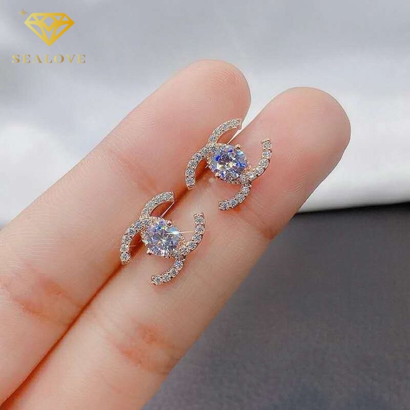 Anting Titanium Anti Karat dan anti luntur asli earrings Berlian Huruf C Wanita Perhiasan Titanium Asli