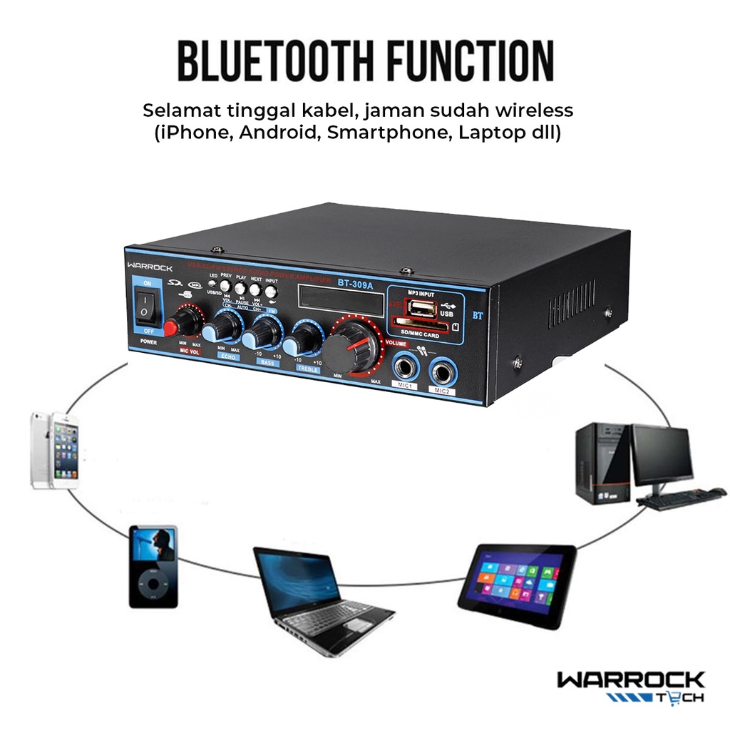 WARROCK Audio Power Amplifier Bluetooth Stereo 2 Channel 800W Karaoke Rumahan untuk Speaker 400W BT-309A