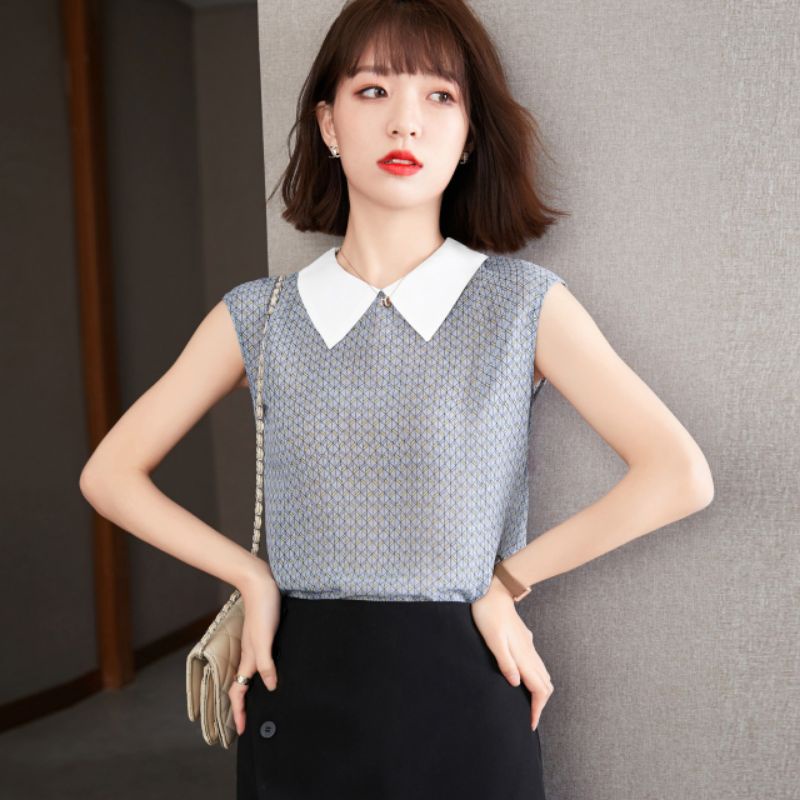 atasan model korea tanpa lengan baju kerah putih