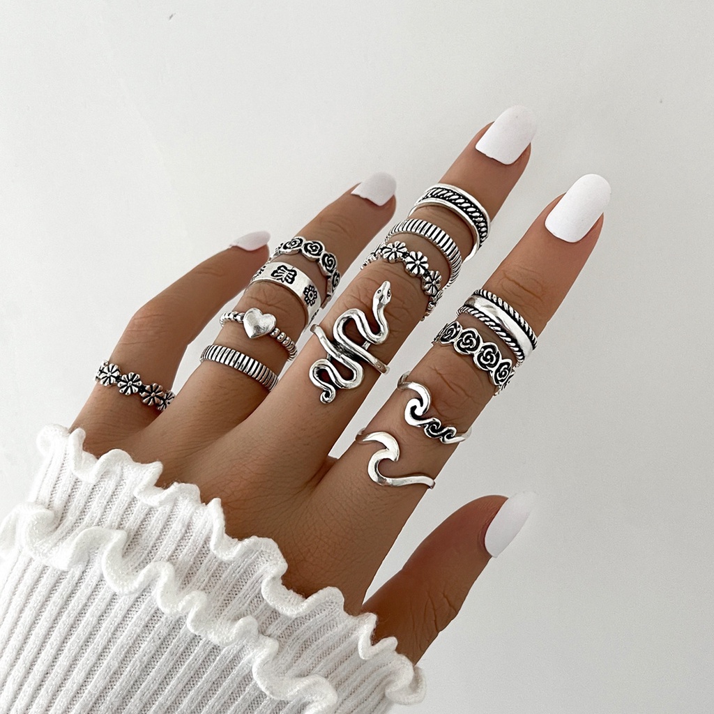 Eropa dan Amerika pribadi berlebihan ular bunga jantung geometris ring set wanita