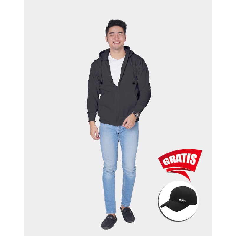 Vallenca Jaket Zipper Pria Polos Warna Hitam Gratis Topi Keren