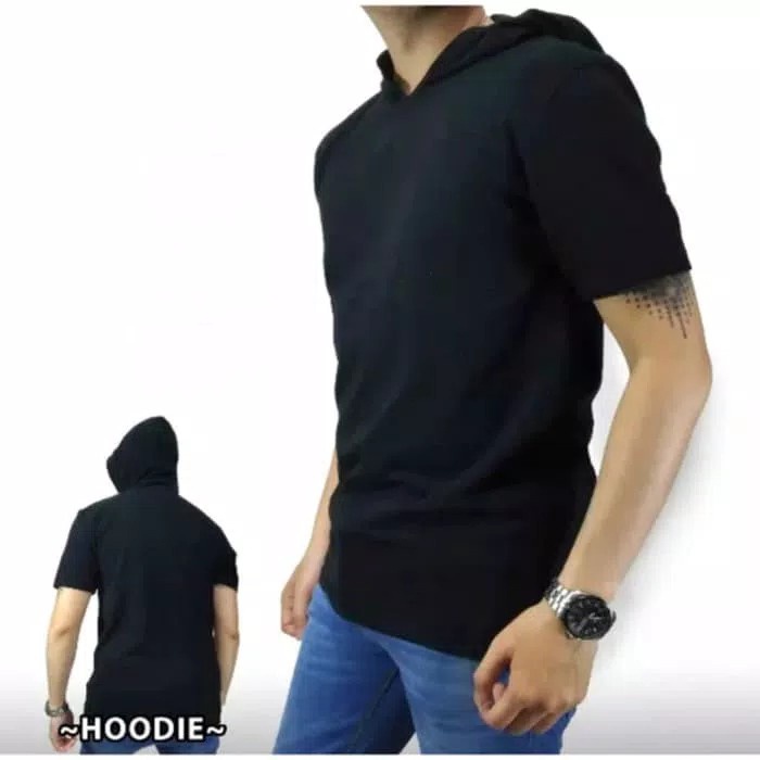 KAOS HOODIE POLOS KATUN COMBED 30S HITAM TANGAN PENDEK FASHION PRIA WANITA KEREN