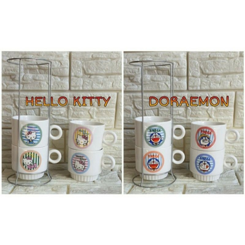 gelas susun keramik rak hello kitty Doraemon