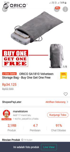 Orico Sa1810 Velveteen Storage Bag - Buy One Get One Free