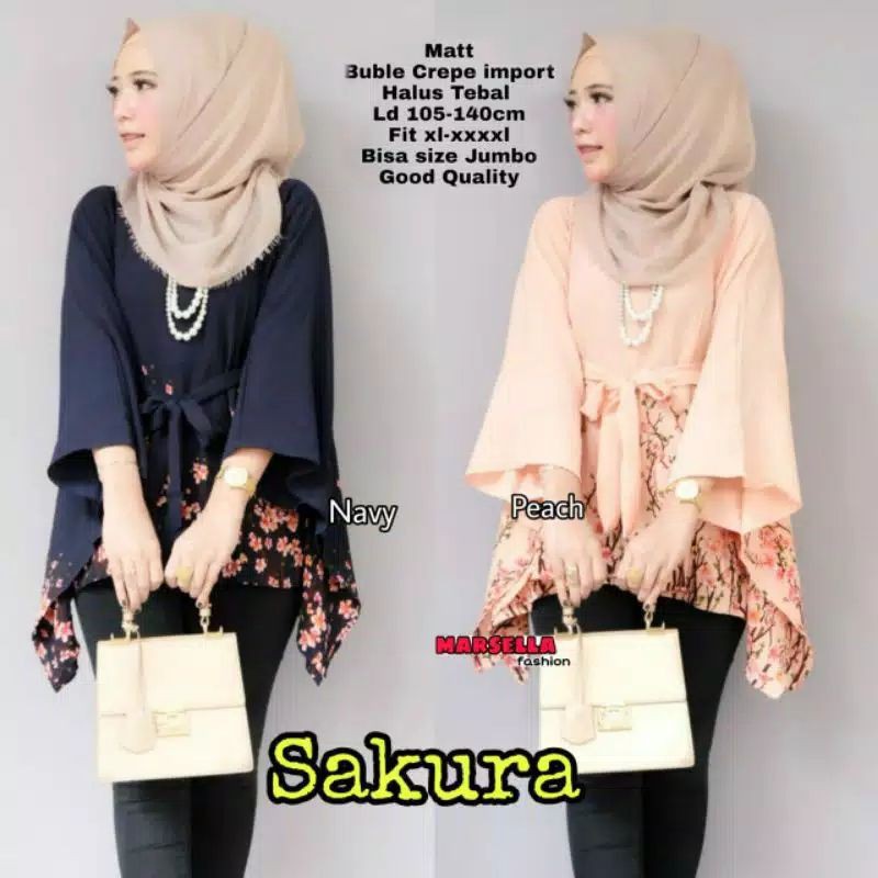 BLOUSE ATASAN JUMBO WANITA BATWING KALONG BUBBLECREPE MOTIF BUNGA SAKURA ld105-140cm - SAKURA KALONG