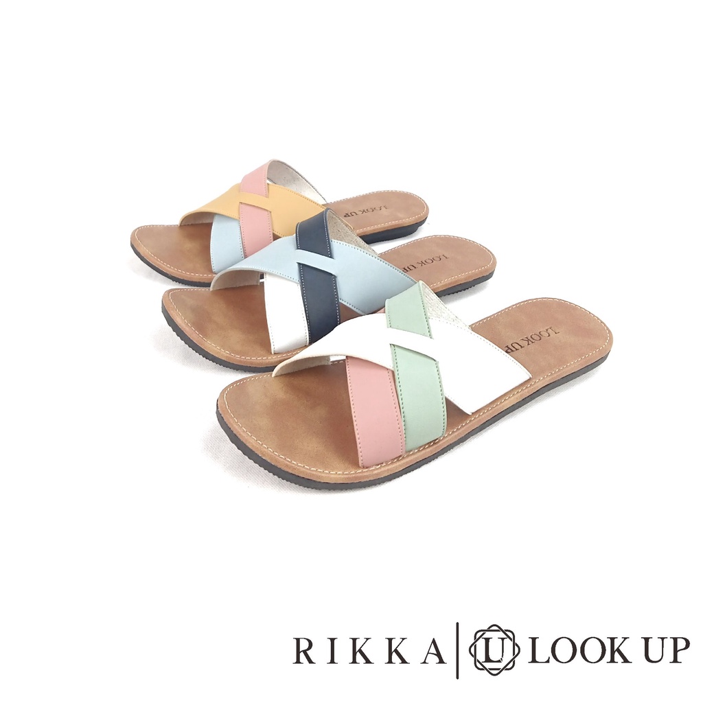 Sandal Kulit Wanita Sandal Kekinian Sandal Slop Slide Wanita Flat Motif Kombinasi Sandal Wanita Terbaru Kekinian Look Up - RIKKA