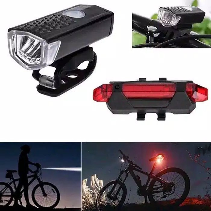 Paket Murah 2in1 LAMPU SEPEDA DEPAN BELAKANG LED LIGHT USB RECHARGE