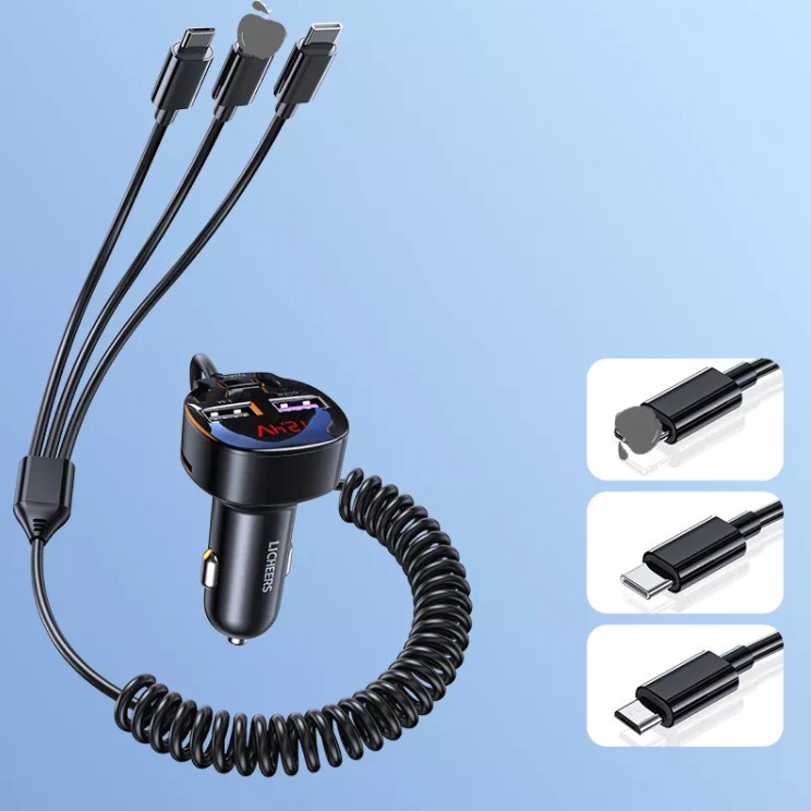 Licheers LC454 USB Car Charger With Spring Cable 3 in 1 Fast Charging