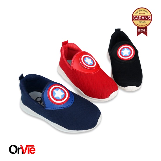 Sepatu Slip On Anak Laki-Laki Hitam Merah Karakter Kapten Amerika | Sepatu Sekolah Anak Onvie