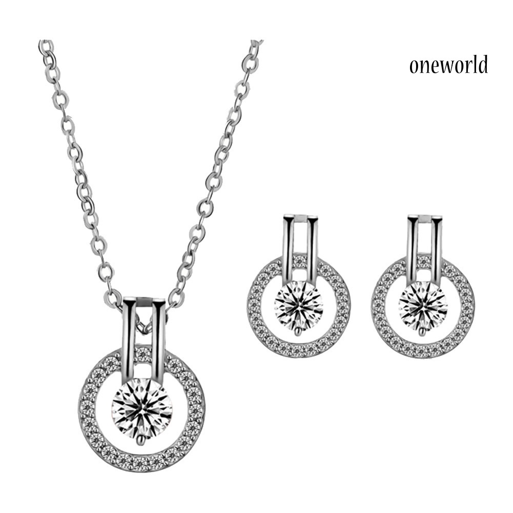 OW@ Women Full Cubic Zirconia Hollow Round Pendant Necklace Stud Earrings Jewelry Set