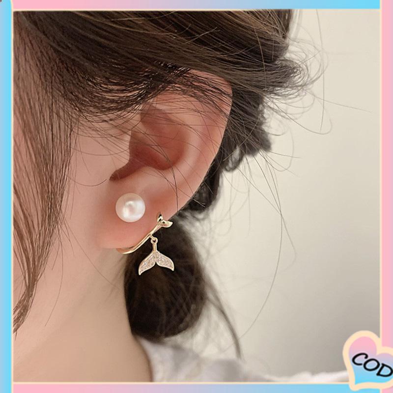 COD❤️ Pearl Fishtail Back Hanging Earrings Wanita High-end Cahaya Mewah Penuh Berlian Anting Geometris-A.one