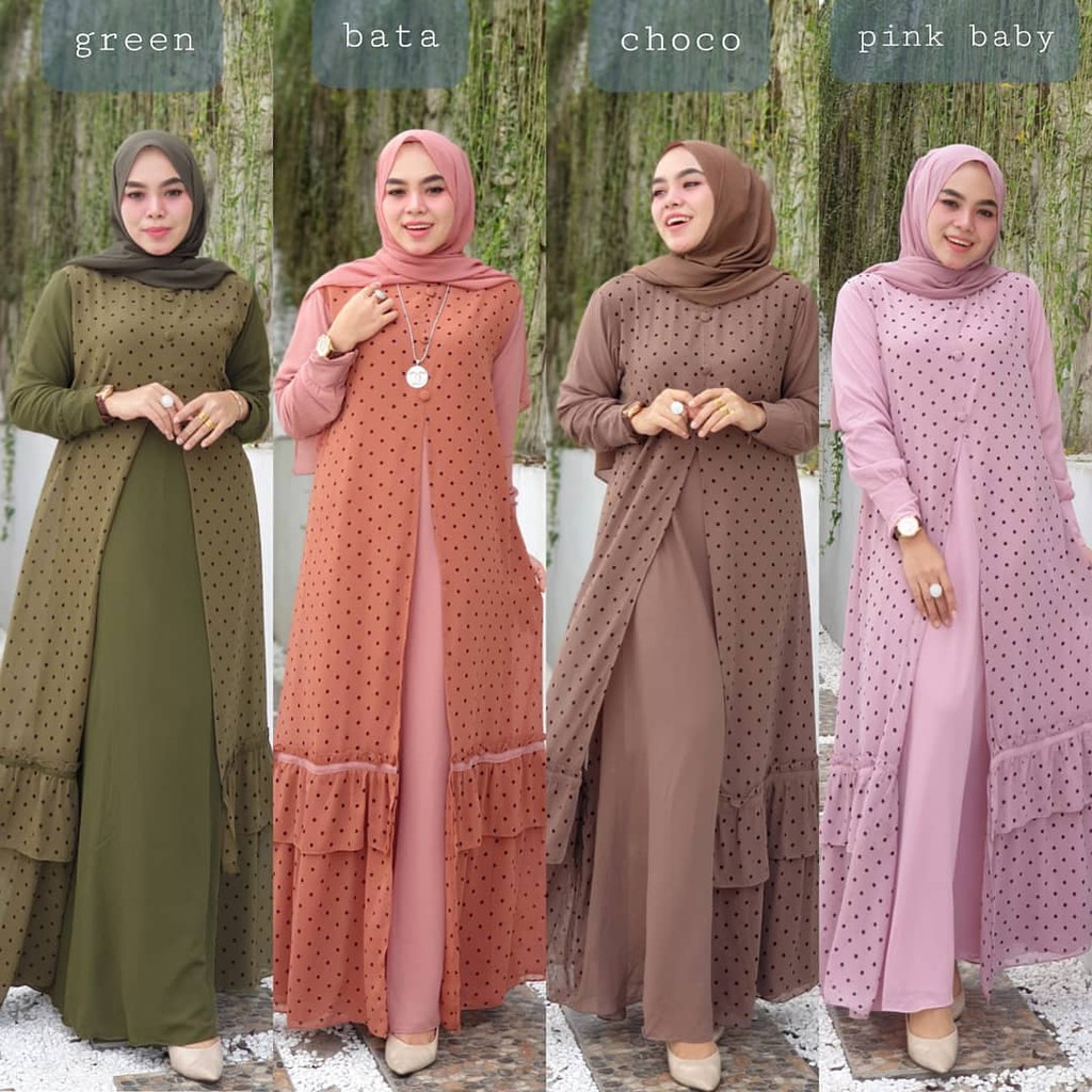 Gamis Ceruty Polkadot Syabina Maxy Dress Bahan Ceruty Babydoll Polkadot Dress Wanita Fashion Muslim 