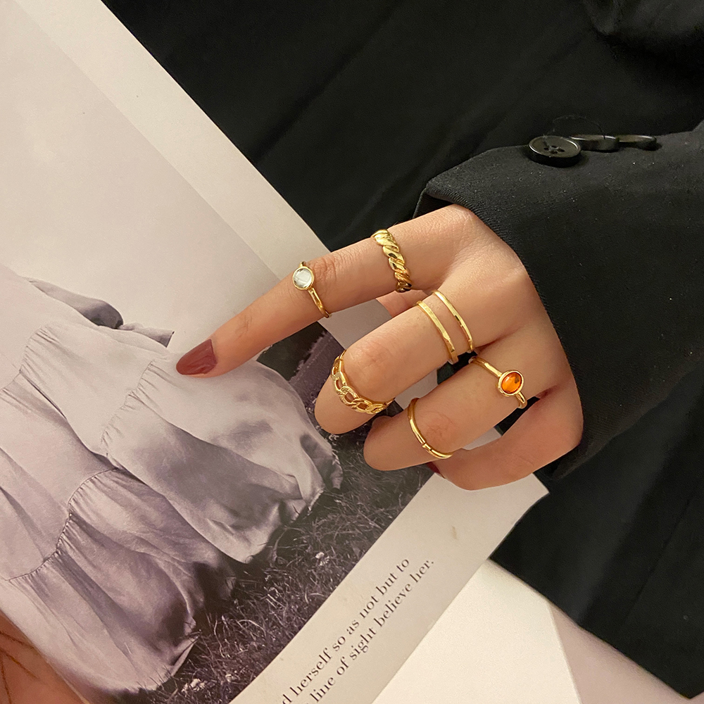 6pcs / Set Cincin Emas Adjustable Hias Batu Akik Gaya Retro