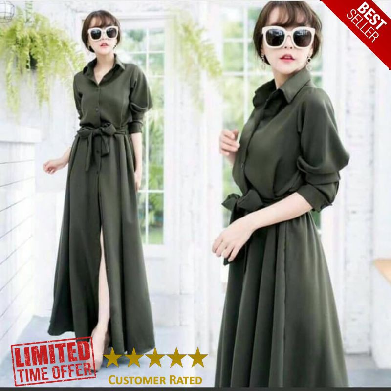 TERLARIS maxi simpel hijau army baju remaja trendy kuliah santai gamis polos vt