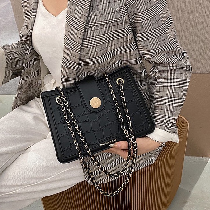 Versi Korea Tas Selempang Wanita dari tas rantai pola batu mode baru wanita khaki retro stereotip tas jinjing Fashion Trend Sling Bag Chain Shoulder Bag Import Fashion Aksesoris