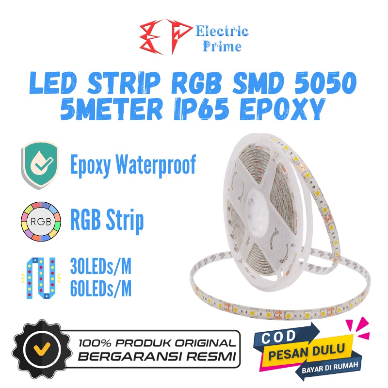 LED Strip RGB SMD 5050 5 Meter IP65 Epoxy Waterproof TRIPLEDI DC12V 30 60 Titik Lampu Permeter