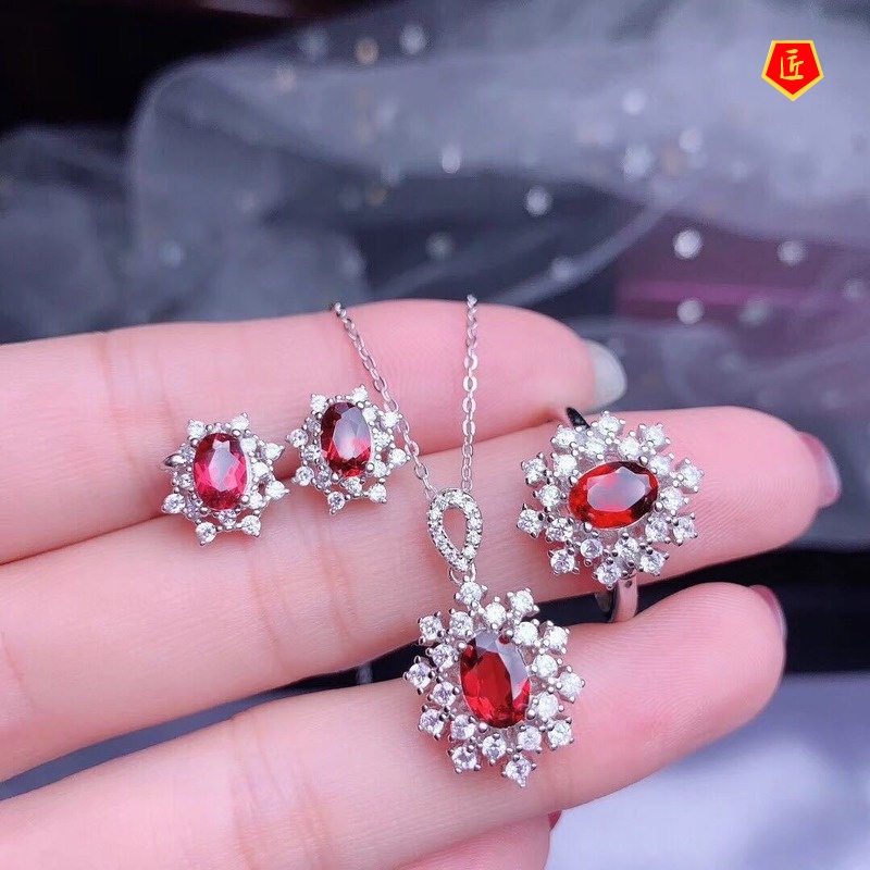 [Ready Stock]Moissanite Garnet Necklace Open Rings Ear Studs Suit