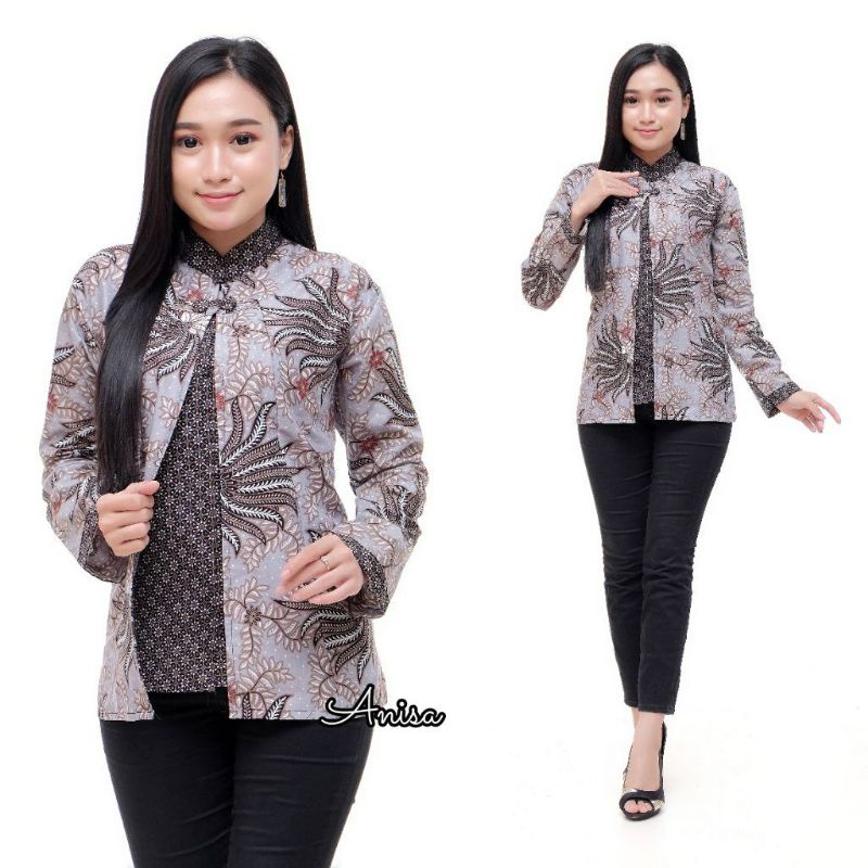 M-L-XL-XXL ATASAN BATIK WANITA MODERN ASJ SA HRB026 MONALISA GENES BLOUSE-BLR Pisang Abu