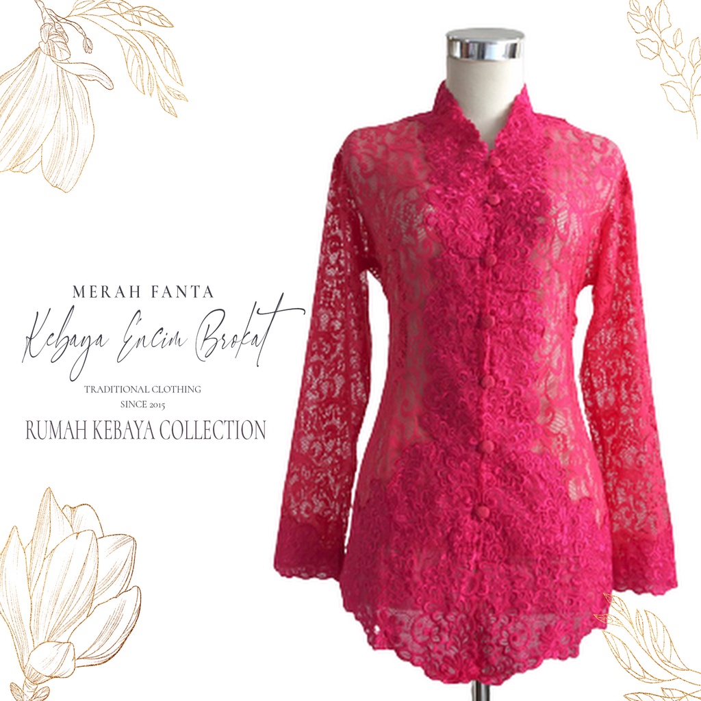 Kebaya Encim Kartini Brokat Modern Muslim Merah Fanta Lengan Panjang Jumbo