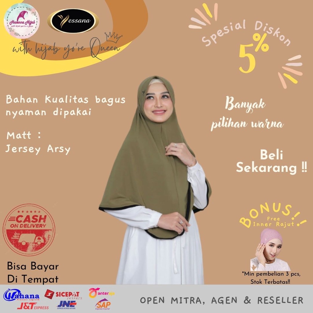 Kerudung Syar'i Yessana Hijab Bergo Sofia Instan Ped Antem Variasi List Pinggir Matt Jersey Arsy