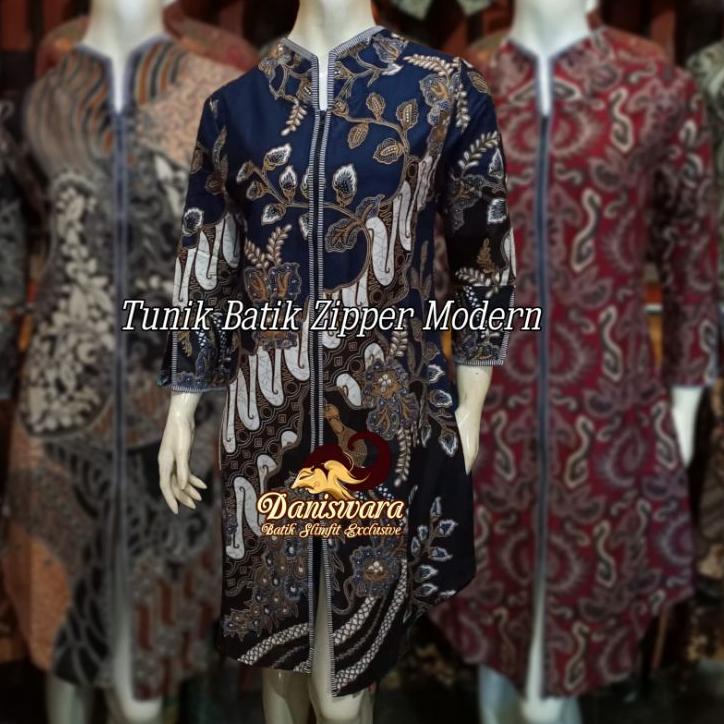 Koleksi Terbaru.. Tunik batik Premium Atasan Baju Batik Wanita Lengan Panjang Kantor Resleting depan