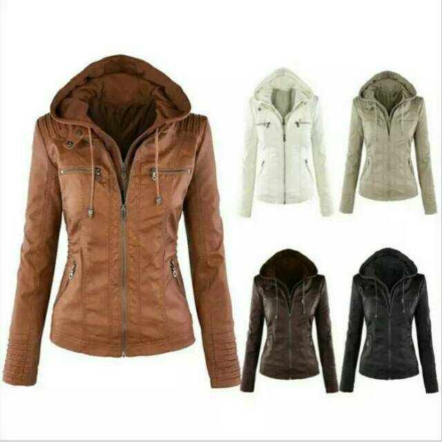 Jaket Semi Kulit Wanita Hoodie/ Sintetis Premium Termurah.