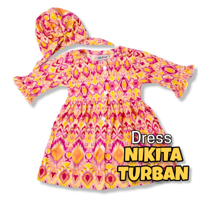 NIKITA 0 - 2 THN DRESS ANAK BAYI PEREMPUAN FREE TURBAN Baju Anak Bayi Perempuan Cewek Dres Baby Girl Nicta Bobo Kids-E BatikPinkOrange