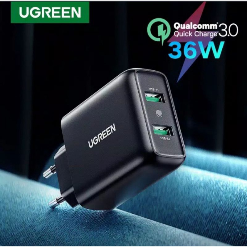 Ugreen Fast Charger 3A Dual Usb Ports 36W Qualcomm QC 3.0 / 2.4A Original