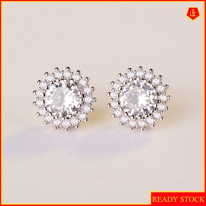 [Ready Stock]Simple Elegant round Flower Full-Jeweled Stud Earrings