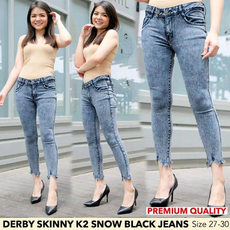 Celana 7/9 Jeans wanita Derby Skinny K2 Snow Black 27-30