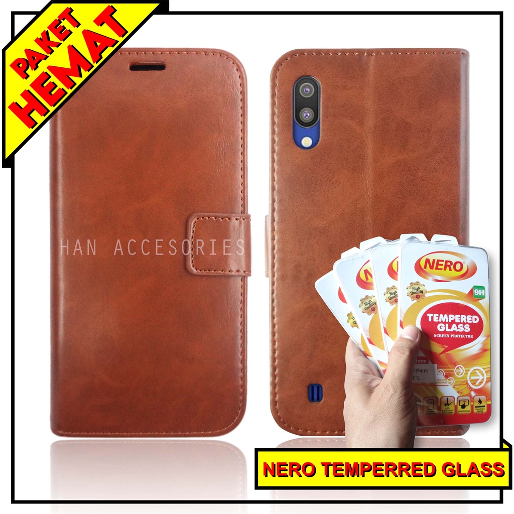 (PAKET HEMAT) Fashion Selular Flip Leather Case Samsung Galaxy M10 Flip Cover Wallet Case Flip Case + Nero Temperred Glass