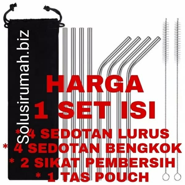 Sedotan Stainless Ramah Lingkungan 8pcs dan 2pcs brush bonus tas pouch