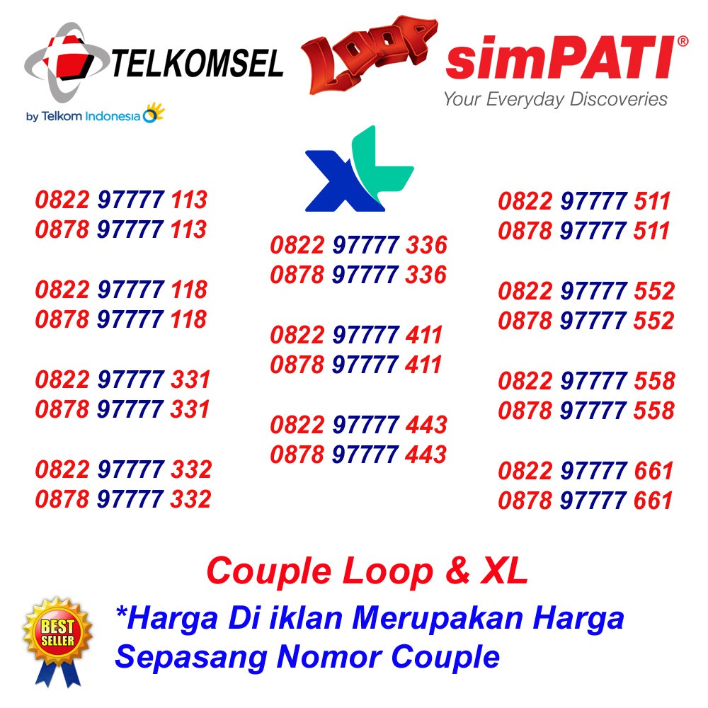Nomor Cantik Couple XL Loop 7777 Kartu Perdana Telkomsel Simpati 4G Lte
