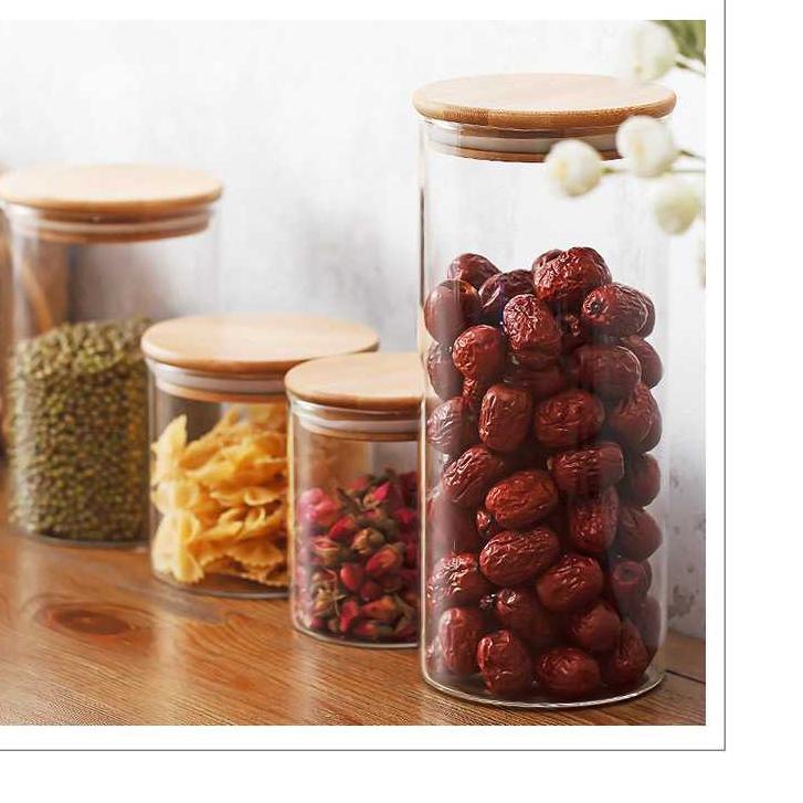 𝓢𝓟𝓘𝓝 Toples Kaca Tutup Bambu Kayu Kedap Udara Minimalis Aesthetic Cantik Bentuk Lingkaran – Kotak Te