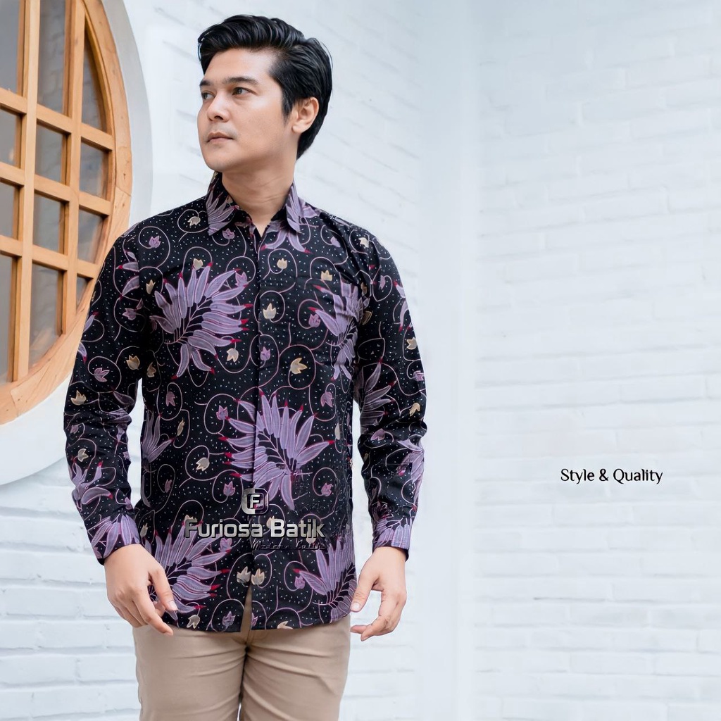 Kemeja Batik KATE IJO Pria Reguler Fit Lengan Panjang Modern Ori dasar hitam UKURAN M L XL XXL