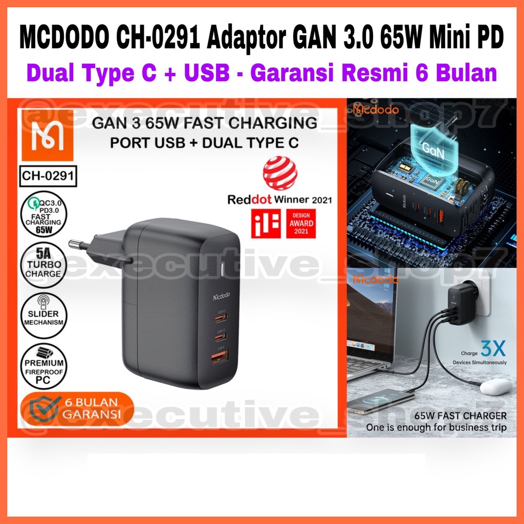 MCDODO CH-0291 Adapter GAN 3.0 65W Mini PD - Dual Type C + USB - Garansi Resmi 6 Bulan