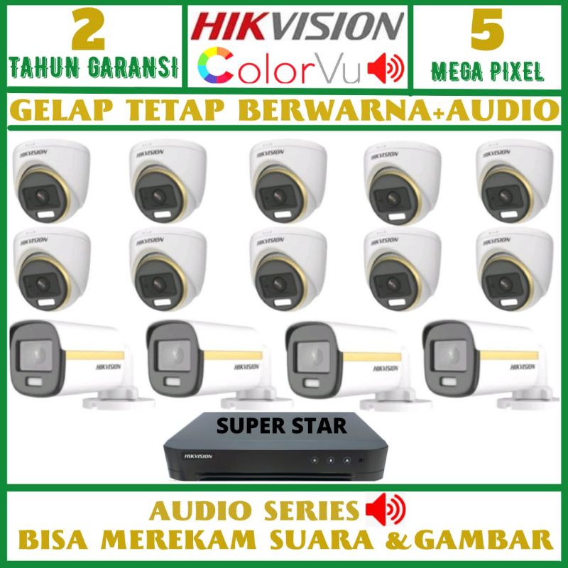 PAKET CCTV HIKVISION COLOR VU 16 CHANNEL 14 KAMERA 5MP AUDIO TAHAN PANAS DAN HUJAN